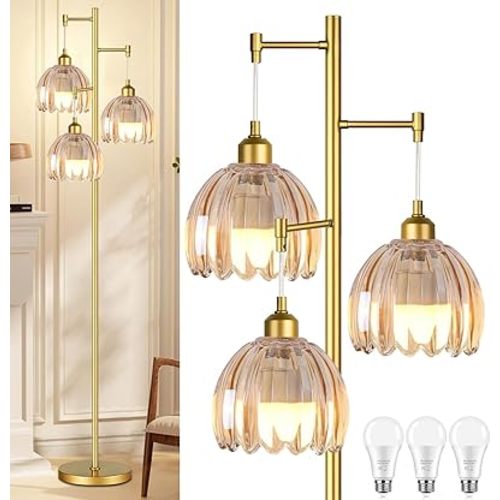 QIYIZM Gold Floor Lamp for Living Room,Bedroom,Tree 3 Light Standing Lamp Mid Century Modern Brass Tall Floor Lamps Vintage Retro Floor Lights Glass Flower Amber Lamp Shade Farmhouse Boho Bohemian