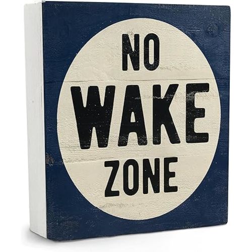 Lake House Wooden Sign - Lake House Decor, Lake Themed No Wake Zone Wood Box Sign 5x5, Navy Bedroom Living Room Lake House Decortions