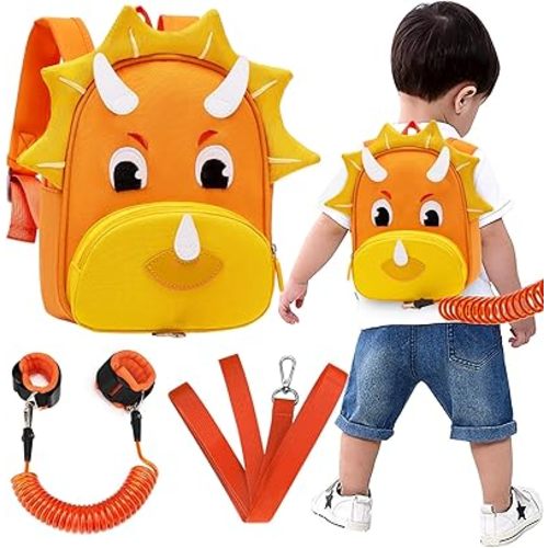 Accmor Toddler Harness Backpack Leash, Cute Dinosaur Kid Backpacks with Anti Lost Wrist Link, Child Backpack with Leash for Baby Boys Girls, Mini Toddler Back Pack Tether for Outdoor Travel (Orange)