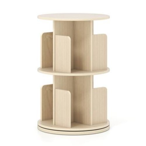 Costway 1 PCS 2-Tier Rotating Bookshelf 360° Display Rack with Dividers & Anti-falling Baffles Natural