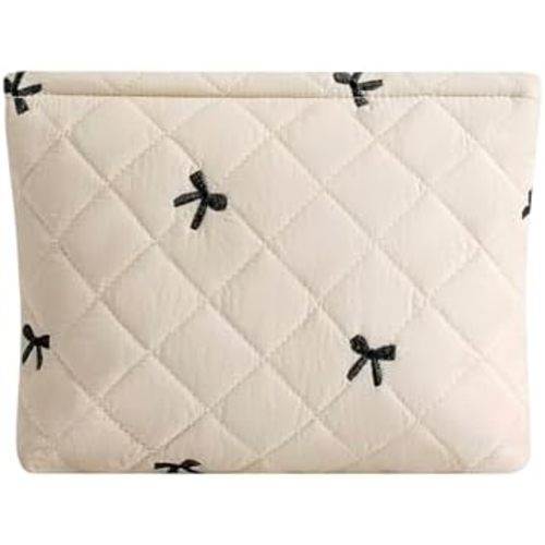 uekeboag Quilted Floral Cotton Makeup Pouch,Coquette Quilted Cosmetic Bag for Women and Girls, Aesthetic Organizer Bag, Flower Cute Travel Toiletry Bags(15Beige Bow)