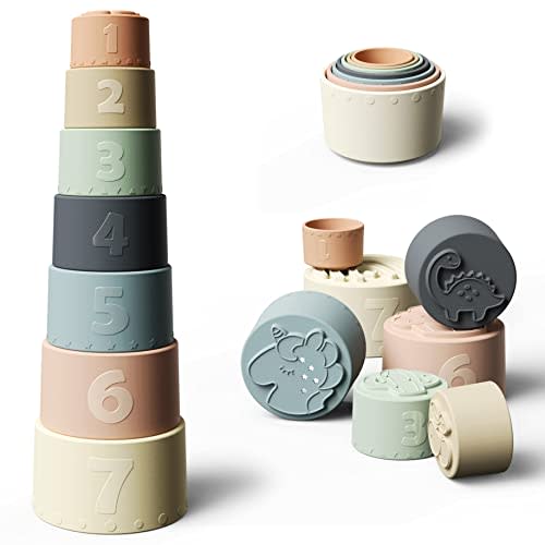 Moonkie Baby Stacking Cups Toy, Fun Educational Stack Up Cup Silicone Soft Teething Toy (Fine Day)