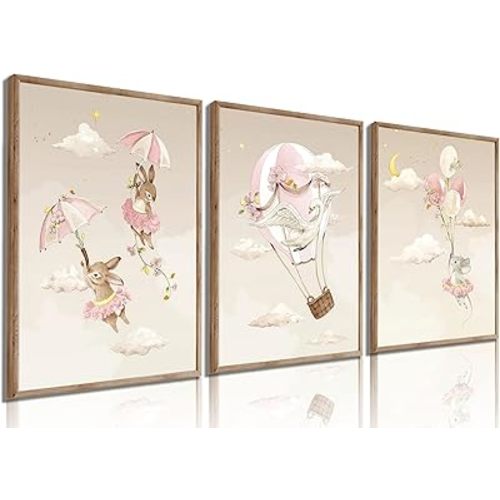 GKQNMU 3Pcs Cute Animals Nursery Bunnies Swan Mouse Canvas Wall Art Pink Hot Air Balloon Posters Prins Paintings Interesting Cartoon Pictures Wall Decor for Girl Bedroom Living Room Decorate Unframed