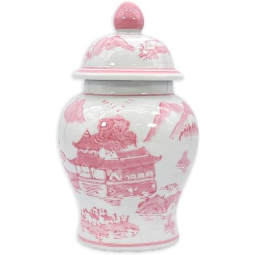 8" Ceramic Ginger Jar w/Lid - Classic Chinese Style Porcelain Jar Tea Storage for Home Decor Decorative Centerpiece Vintage Accent Antique Vase Jingdezhen (Pink & White)
