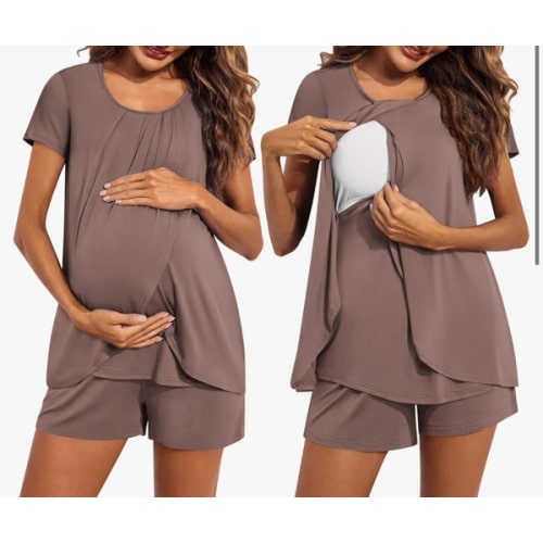 Ekouaer Women's Maternity Nursing Pajamas Set Breastfeeding Sleepwear Double Layer Short Sleeve Top & Shorts Nursing Pjs