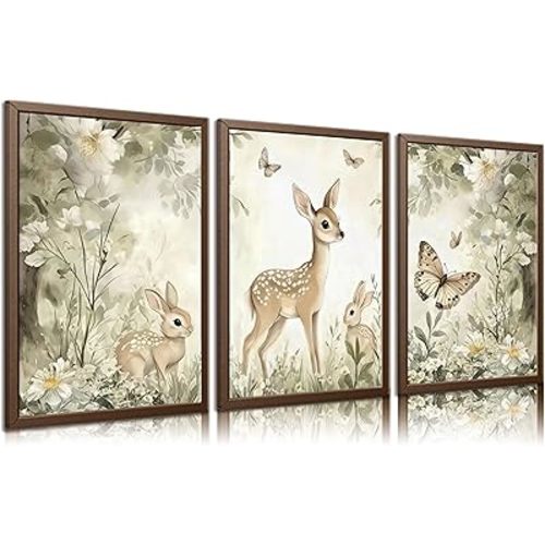 3Pcs Woodland Animal Nursery Canvas Wall Art Cute Forest Animal Wall Decor Pictures Deer and Butterfly Wildflowers Posters Prints for Nursery Bedroom Kids Room Home Decoration Unframed Posters 16x24in