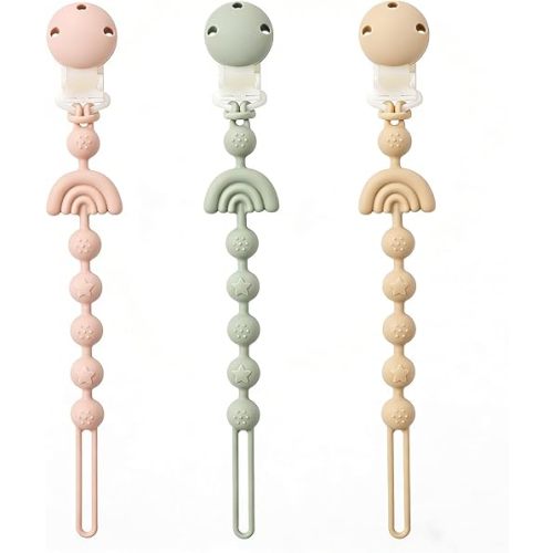 Baby Pacifier Clips One Piece Binky Clip Holder Silicone Teether Clip Pacifier Straps with Clip Baby Teether Toys for Boys and Girls Set of 3 Andy Bear-Ivory+Sage+Blush