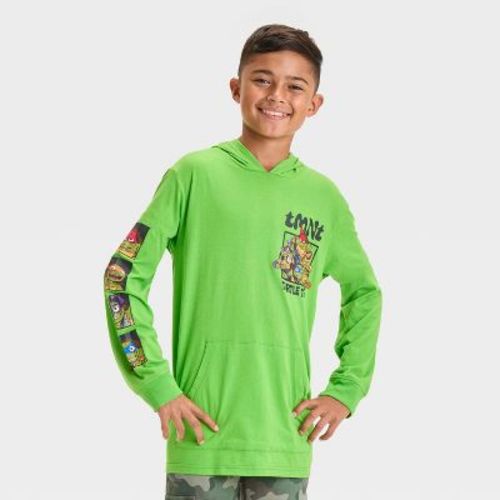 Boys' Teenage Mutant Ninja Turtles Hooded Long Sleeve Graphic T-Shirt - Green S: Cotton-Polyester Blend, Kangaroo Pocket