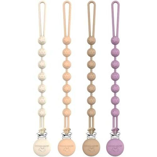 Cuddle Campus Silicone Pacifier Clip Holder with One Piece Design, Pack of 4 Soft Flexible Binky Clips with Texture for Baby Boy and Girl Set 3(6M+)