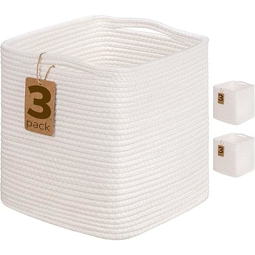 INDRESSME 11x11 Cube Storage Bins, White Basket, 3-Pack Small Laundry Baskets Toy Organizer Blanket Basket Living Room, Bedroom Shelf Storage Bins Small Woven Gift Baskets
