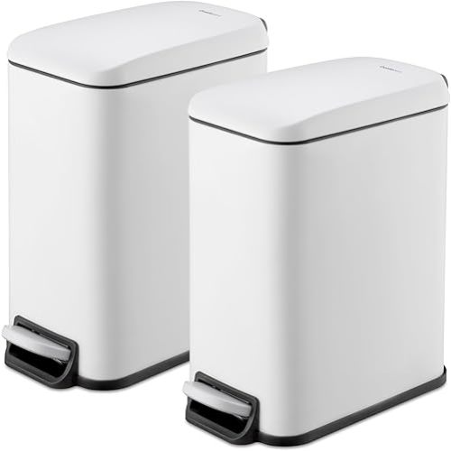 QUALIAZERO 5L / 1.3 Gallon Stainless Steel Step-On Bathroom Trash Can, Slim Shape, Pack of 2, Starter Set (Matte White)