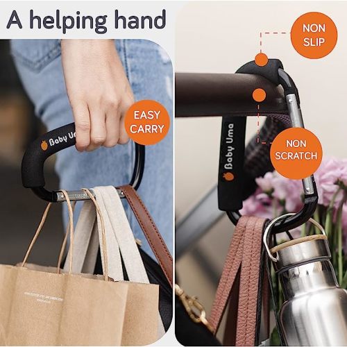 Baby Uma XL Baby Stroller Hooks for Hanging Bags and Shopping (2 Pack) - Universal Stroller Clips and Hooks - Large Carabiner Stroller Accessories - Carry 11 lbs per Stroller Hanger - 6.7″ x 4″ - Black & Silver XL - Extra Large