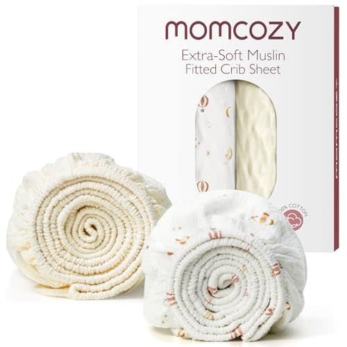 Momcozy Muslin Standard Fitted Crib Sheets, 52"x28", 2 Pack Soft Breathable Natural Cotton Baby Mattress Sheet, 360° Mattress Wrapping No Slip Boys Girls Neutral Toddler Bed Sheet, Sky Hot Air Balloon