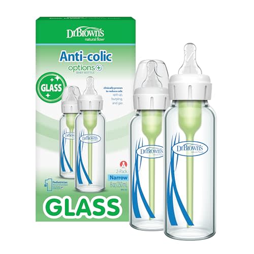 Dr. Brown's Anti-Colic Options+ Narrow Glass Baby Bottle with Level 1 Slow Flow Nipple, BPA-Free, 8 oz/250 mL, 2-Pack