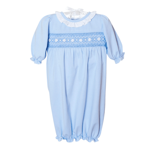 Smocked Baby Gown For Girl in Pale Blue Knit