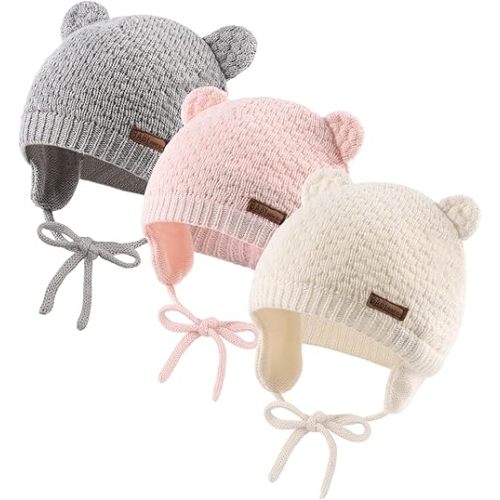 JANGANNSA Cute Infant Toddler Baby Boys Hat Bear Ears Baby Girls Beanie Cotton Lining Earflap Kids Hat Spring Autumn 0-2Y