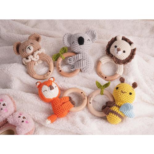 Personalized Crochet Baby Rattle Toy for Girls and Boys, Custom Wooden Baby Rattle,Animal Crochet Baby Rattle,Baby Shower Gift,Newborn Gift