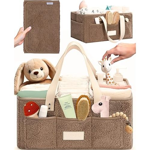Baby Diaper Caddy Organizer with Portable Changing Mat - Teddy Fleece Nursery Storage Basket for Changing Table & Newborn Essentials – Baby Shower Gifts and Registry Must-Haves