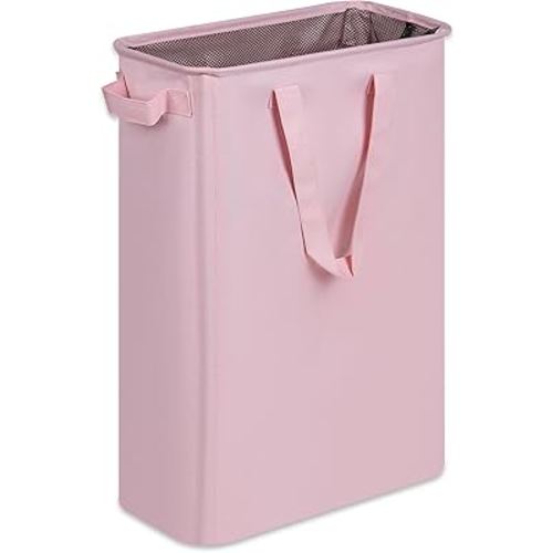 efluky Slim Laundry Basket, Narrow Laundry Hamper with Handles, Collapsible Dirty Clothes Hamper, Tall Laundry Bin for Laundry Room, Dorm and Bedroom, 12.7 Gallons(48L) Pink
