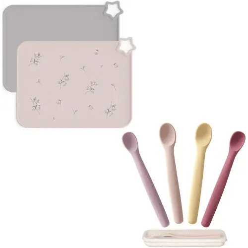 Moonkie Baby Mealtime Essentials Bundle | Silicone Placemats & Baby Spoons Set | Non-Slip Stain-Resistant Food Mats (2 Pack) & 4 Bendable First Stage Feeding Spoons with Case | BPA-Free, Chewproof & P