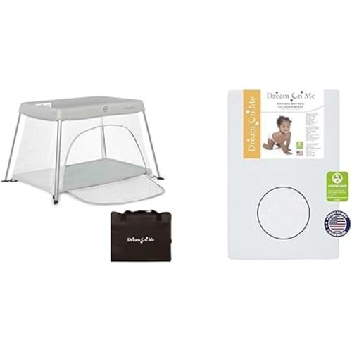 Travel Light Playard with Mesh Zipper Door in Grey & Holly 3” Fiber Portable, Greenguard Gold Certified, Waterproof Vinyl Cover, Lightweight Mini Crib Mattress, White
