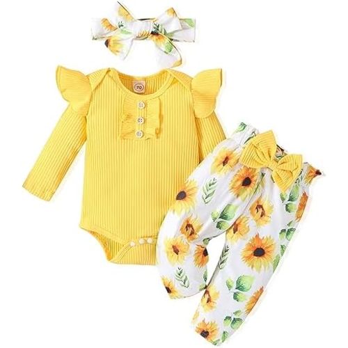 Baby Girl Clothes Newborn Infant Outfits Ruffle Romper+ Floral Pants + Cute Headband Sets for Girls
