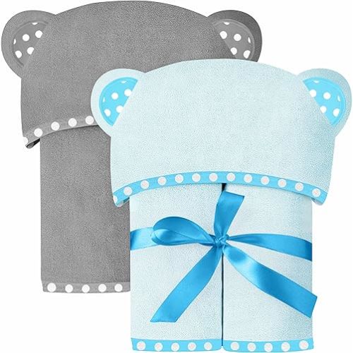 Set of 2 Hooded Baby Towels – Blue and Grey – Luxurious, Large and Super Absorbent – 30 x 30 Inch – Soft and Suitable for Infants, Toddlers and Kids – 400 GSM
