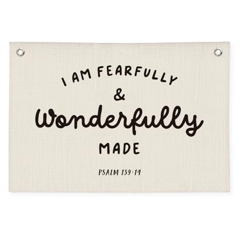 Kids Room Decor - Bible Verse Wall Hanging, 'I am Fearfully and Wonderfully Made' Linen Banner, Canvas Decoration for Classroom, Nursery, Kids Room