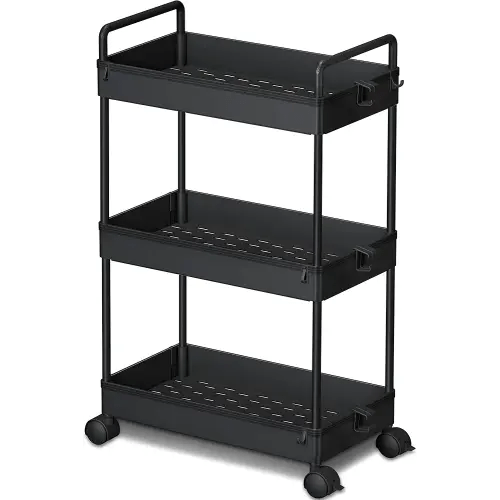 Ronlap 3 Tier Slim Rolling Storage Cart with Wheels Plastic Utility Cart Organizer for Snack Craft Art Postpartum Baby Diaper Nail Makeup in Bathroom Laundry Room Kitchen Bedside Narrow Space, Black