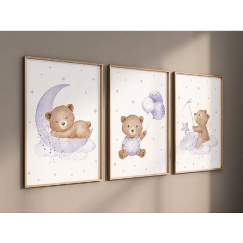 Nursery decor girl purple, nursery decor bear, teddy bear nursery, lilac nursery print, lavender, baby room decor, nursery wall art animals
