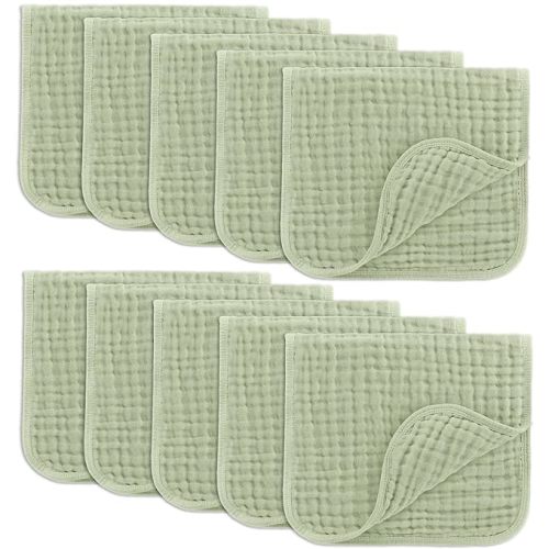 Comfy Cubs Muslin Burp Cloths 20" x 10", Pack of 10 - Large, 6-Layer, Ultra Absorbent 100% Cotton for Baby Drool and Messes - Soft, Safe & Gentle Baby Burp Cloths for Boys & Girls - Sage