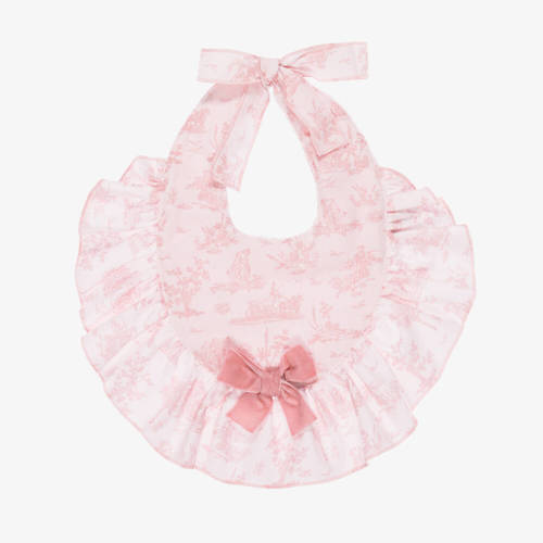 Phi Clothing - Baby Girls Pink Cotton Toile de Jouy Bib with Velvet Bow | Childrensalon