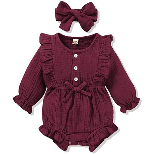 Renotemy Newborn Infant Baby Girl Clothes Cotton Linen Rompers Solid Ruffle Jumpsuits Infant Baby Clothes Girl - Solid Red-long Sleeve 2pcs - 0-3 Months