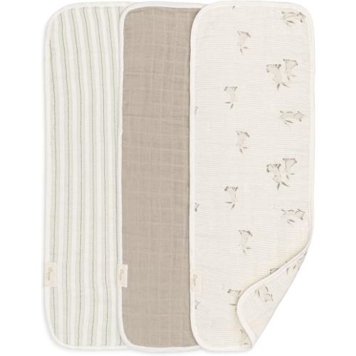 Crane Baby 100% Organic Cotton 3-pc. Burp Cloth Set - GOTS Certified Cotton, Absorbent & Lightweight with Bunny & Stripe Designs, Machine Washable, Muslin Burp Cloth