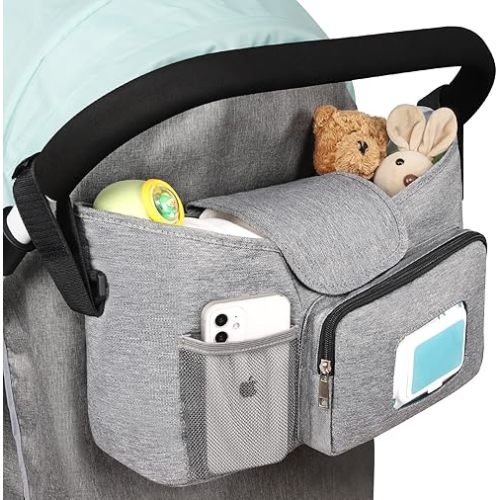 Accmor Universal Stroller Organizer with Insulated Cup Holder, Stroller Caddy Bag Accessories, Stroller Cup Holder Organizer for Uppababy Baby Jogger Britax Stroller, Grey