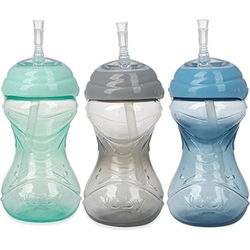 Nuby 3 Piece No-Spill Easy Grip Cup with Flex Straw, Clik It Lock Feature, Neutral, 10 Ounce