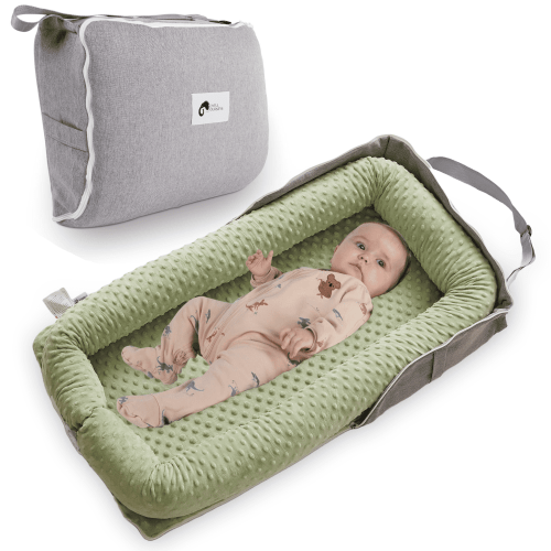 Joyful Journeys Versatile Diaper Bag & Baby Lounger, Portable Lounger Nest, Versatile Infant Diaper Organizer (Green Minky)