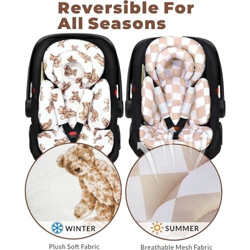 Infant Car Seat Insert with Extra Cushion for Preemie to Infants, Reversible Newborn Carseat Insert Head Support, Fits for Stroller, Baby Swing, Rocker, Bassinets, Pushchair (Teddy Bear)