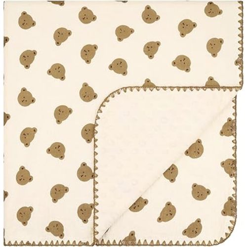 Baby Blanket Double Layer Cotton Muslin, 40x40Inch Soft Minky Blanket with Dotted Backing, Baby Gifts for Girls Boys Toddlers Newborn (Bear)