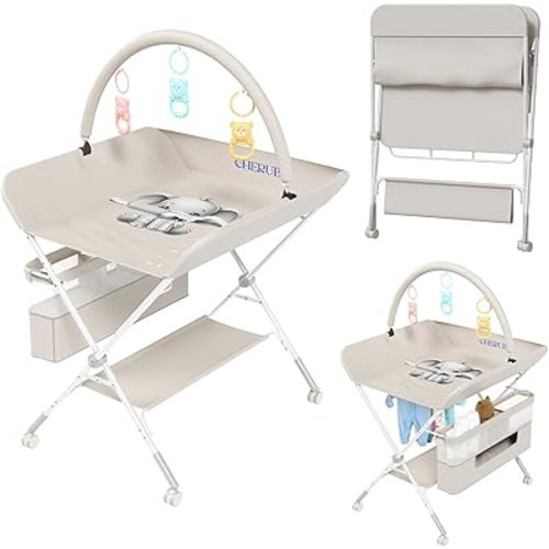 Foldable Baby Changing Table with Storage - Newborn Nursery Furniture with Lockable Wheels, Toy Rack, 3 Lvl Height Adjustment - Baby Changer Dresser PortableDiaper Changing Station for Nursery