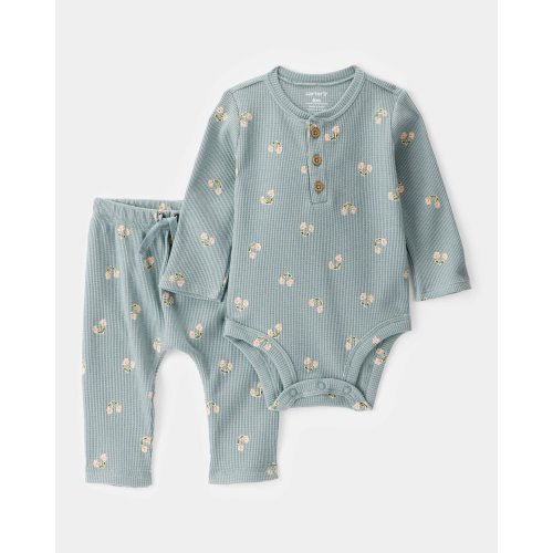Baby Girl 2-Piece Floral Waffle Knit Long-Sleeve Bodysuit Pant Set - Green | Carter's
