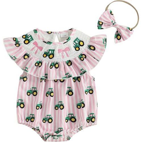 CIYCUIT Baby Girl Smocked Romper Bow Tractor Print Bodysuits Jumpsuits with Headband