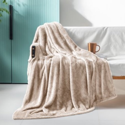 Exclusivo Mezcla Plush Fuzzy Large Fleece Throw Blanket (50" x 70", Camel)- Soft, Warm and Lightweight
