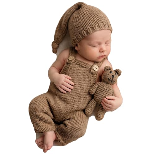 Newborn Photoshoot Outfits Crochet Bear Hat & Romper Set for Baby Boys Girls - Handmade Photo Props Outfits