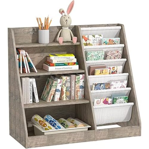 4 Tier Kids Bookshelf Wooden, Five Layer Sling Children Bookcase, Baby Toddler Storage Book Rack, Book and Toy Organizer Cabinet Chest, Book Display Shelf Stand, Playroom Nursery Classroom Library