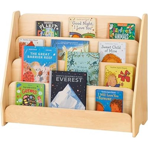 Kids Bookshelf, Wooden 4-Tier Front Facing Book Display Shelf for Kids, Toddler Montessori Bookshelf for Classroom, Playroom, Nursery