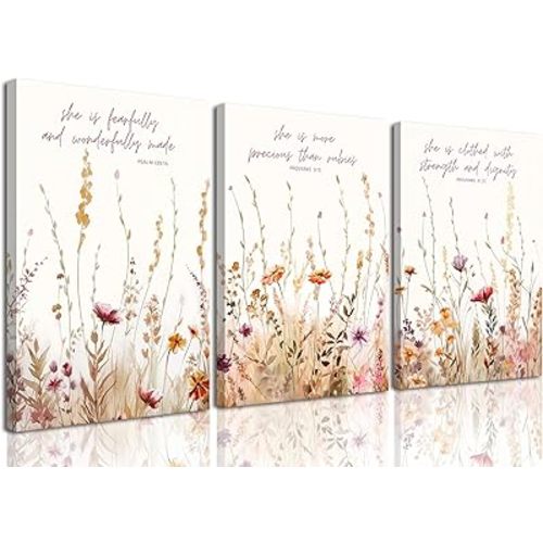MALEDO 3Pcs Christian Nursery Canvas Wall Art Bible Verse Floral Pictures Wall Decor Boho Wildflower Nursery Posters Vintage Flower Scripture Painting Prints Artwork for Girls Room Living Room Bedroom