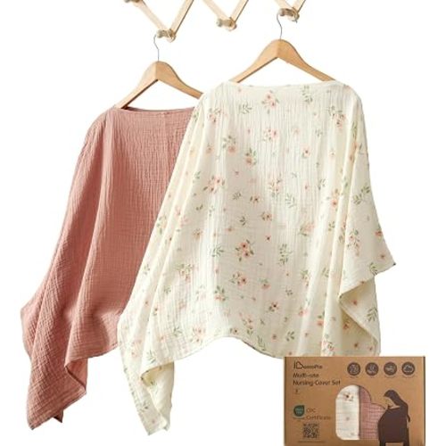 Nursing Cover for Breastfeeding, 2 Pack, 100% Cotton Muslin, 360° Privacy, Lightweight & Breathable, Multi-Use Baby Car Seat & Stroller Cover, Apricot Cream & Lotus Pink
