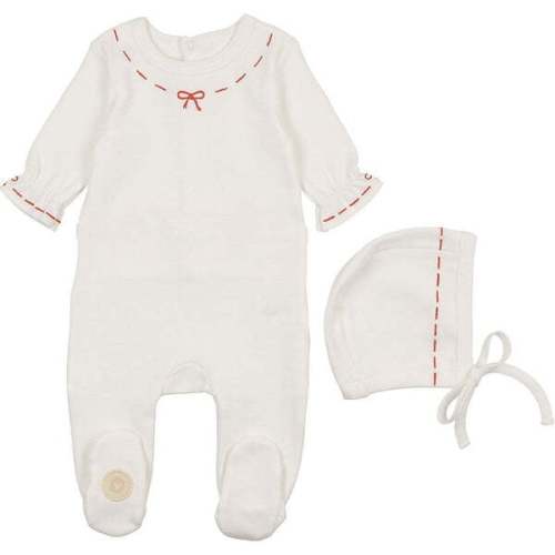 Soft Stitches Footie & Hat Set, Girls Ivory & Red - Mon Tresor Bebe | Maisonette