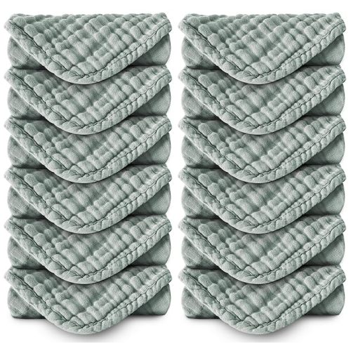 MOON PARK Baby Washcloths, 12 Pack - 12x12 Inches, Small Burp Cloths and Baby Wipes - 100% Cotton Muslin Ultra Soft for Newborn, Infant and Toddlers - Green